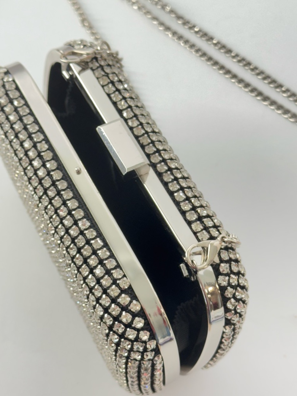 Expressions NYC Evening Bag Silver Crystal Rhinestone Clutch Crossbody Cocktail - Picture 7 of 10